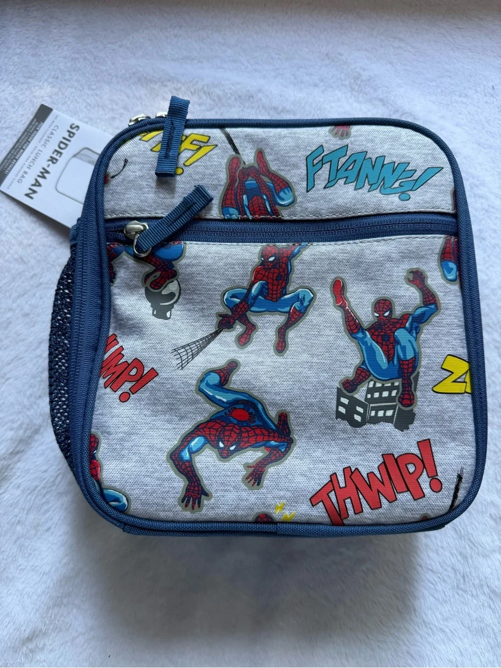 New Pottery Barn Kids Spiderman Print Lunch Box in Blue, Red, Gray